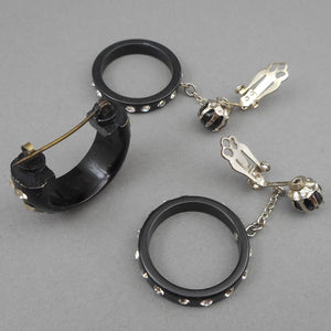 Vintage Earring Pin Jewelry Set - Brooch / Scarf Holder with C Clasp and Clip On Dangle Hoops - Early Black Plastic with Rhinestones
