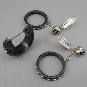 Vintage Earring Pin Jewelry Set - Brooch / Scarf Holder with C Clasp and Clip On Dangle Hoops - Early Black Plastic with Rhinestones