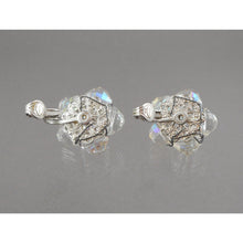 Load image into Gallery viewer, Excellent Vintage 1950s Signed Laguna Iridescent Clear Glass Cluster Clip On Earrings - AB Aurora Borealis Crystal Beads on Silver Filigree - Flower Design