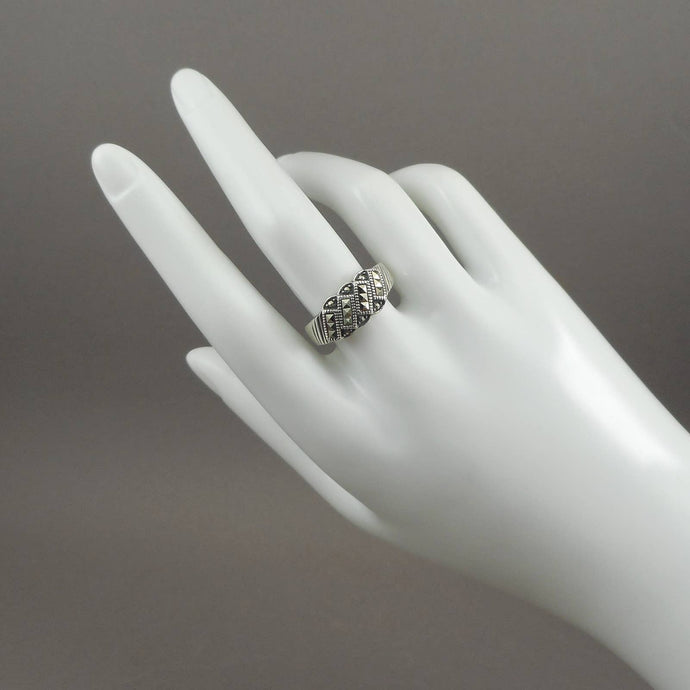 Vintage Art Deco Style Cigar Band Ring - Sterling Silver with Marcasite Stones - Size 8 3/4