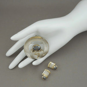 Vintage Artisan Crafted Jewelry Set - Brooch / Pendant and Earrings - Hand Made, Hematite, Sterling Silver and Gold Pin