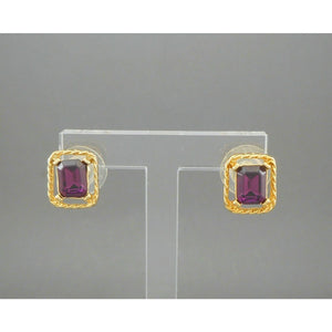 Vintage Faux Amethyst Pierced Post Stud Earrings Gold Tone Purple Rhinestones
