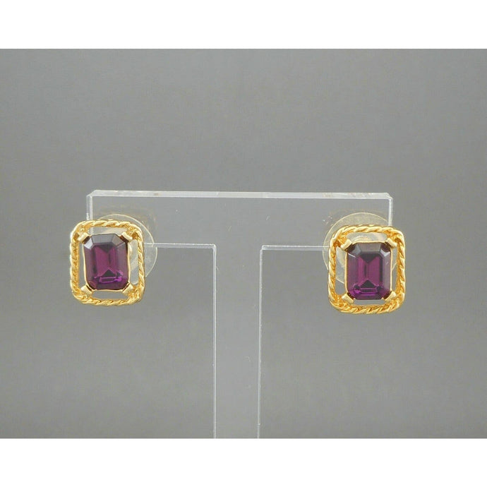 Vintage Faux Amethyst Pierced Post Stud Earrings Gold Tone Purple Rhinestones
