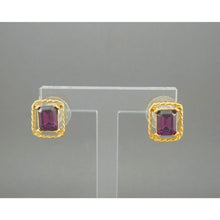 Load image into Gallery viewer, Vintage Faux Amethyst Pierced Post Stud Earrings Gold Tone Purple Rhinestones