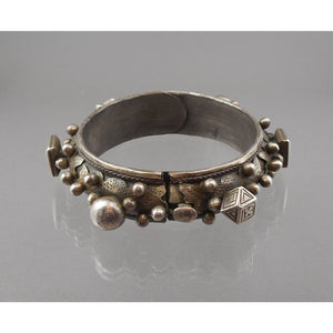 Antique Vintage Moroccan* or Middle Eastern* Bedouin Silver Bracelet - Large and Heavy Hinged Bangle with Box Closure - Etched Ornament and Bead Decorations - Old Handmade Ethnic, Tribal, Jewelry