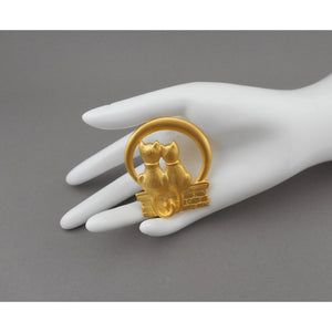 Vintage 1980s Jonette Jewelry Cat Couple Moon Brooch - Gold Tone, Signed JJ Designer Pin