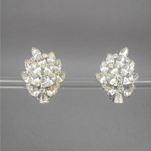 Large Vintage 1950s Weiss Rhinestone Clip On Earrings - Signed Designer Costume Jewelry