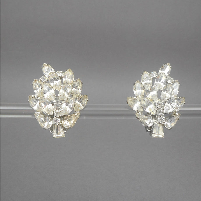 Large Vintage 1950s Weiss Rhinestone Clip On Earrings - Signed Designer Costume Jewelry