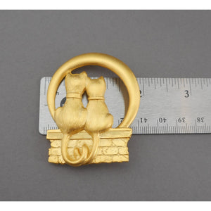 Vintage 1980s Jonette Jewelry Cat Couple Moon Brooch - Gold Tone, Signed JJ Designer Pin
