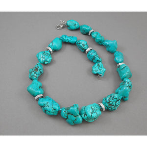 Vintage Handmade Turquoise Nugget Bead Necklace with Silver Crystal Accents