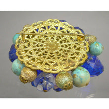 Load image into Gallery viewer, Large Vintage German Givre Glass Cluster Brooch - Carved Art Glass, Flocked Metal and Plastic Beads on Gold Tone Brass Filigree Pin - Blue Green Pink - West Germany