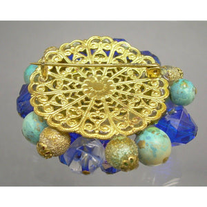 Large Vintage German Givre Glass Cluster Brooch - Carved Art Glass, Flocked Metal and Plastic Beads on Gold Tone Brass Filigree Pin - Blue Green Pink - West Germany