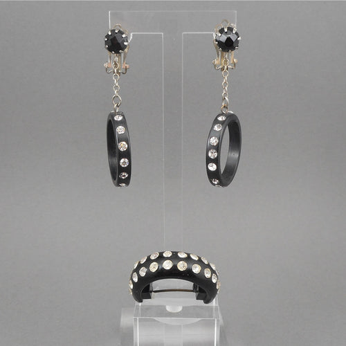 Vintage Earring Pin Jewelry Set - Brooch / Scarf Holder with C Clasp and Clip On Dangle Hoops - Early Black Plastic with Rhinestones