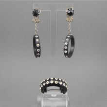 Load image into Gallery viewer, Vintage Earring Pin Jewelry Set - Brooch / Scarf Holder with C Clasp and Clip On Dangle Hoops - Early Black Plastic with Rhinestones