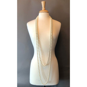 A Pair of Vintage Flapper Style Faux Pearl Strand Necklaces - 51" and a 65" Strings - 12mm Glass Beads - Gold Tone Clasps