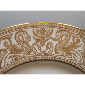 4 Wedgwood Bone China Dinner Plates - Florentine Pattern W4219, Gold Gilding on White - Dragons Griffins - 10 3/4" - Old Green Urn Backstamp Mark - Very Nice Estate Condition