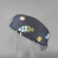 Load image into Gallery viewer, Vintage 1950s Evelyn Varon Exclusive Ladies Pillbox Hat - Navy Blue Straw with Net Veil and Flower Appliques - Easter Spring and Summer - Blue, Pink, Yellow, Green and Purple