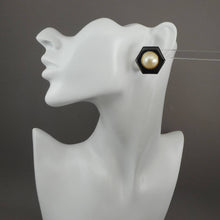 Load image into Gallery viewer, Vintage 1960s Signed Hobe´ Earrings - Faux Pearl Cabochons, Black Enamel, Gold Tone - Clip On
