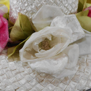 Vintage Frederick's Ladies White Straw Picture Hat - Easter, Spring, Summer, Kentucky Derby - Pink Yellow Silk and Velvet Flowers, Green Ribbon