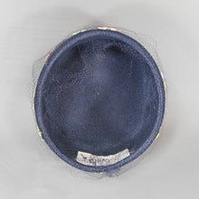 Load image into Gallery viewer, Vintage 1950s Evelyn Varon Exclusive Ladies Pillbox Hat - Navy Blue Straw with Net Veil and Flower Appliques - Easter Spring and Summer - Blue, Pink, Yellow, Green and Purple