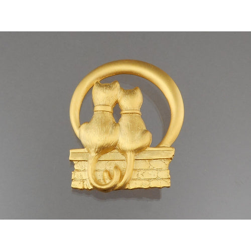 Vintage 1980s Jonette Jewelry Cat Couple Moon Brooch - Gold Tone, Signed JJ Designer Pin