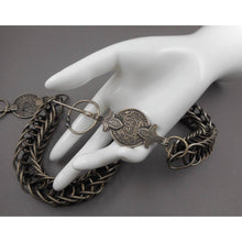 Load image into Gallery viewer, Vintage 1940s Pair of Fibulae with Chain - Handmade Moroccan* Berber Northern African Cloak Pins - 20 Franc Coins, Coin Silver Fasteners, Silver Tone Metal Chain
