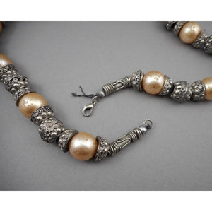Vintage Handmade Syrian Middle East Necklace Silver Cannetille Faux Pearl Beads