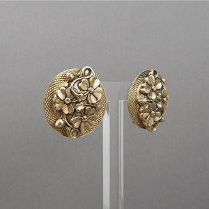 Vintage 1950s PAMAR Pamco Button Style Clip Earrings Gold Tone Flower Design