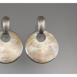 Vintage Door Knocker Hoop Dangle Earrings - Mother of Pearl Shell and Silver Tone - Posts, Omega Clips, For Pierced Ears