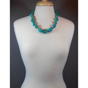 Vintage Handmade Turquoise Nugget Bead Necklace with Silver Crystal Accents