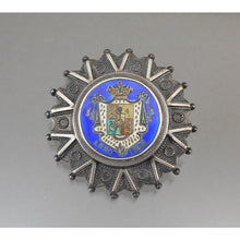 Load image into Gallery viewer, Antique Victorian Era Silver Coin Brooch - Enameled William IV 1836 Half Crown Replica - Sterling or Coin Silver * - Cobalt Blue, White and Green