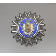 Load image into Gallery viewer, Antique Victorian Era Silver Coin Brooch - Enameled William IV 1836 Half Crown Replica - Sterling or Coin Silver * - Cobalt Blue, White and Green