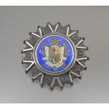 Load image into Gallery viewer, Antique Victorian Era Silver Coin Brooch - Enameled William IV 1836 Half Crown Replica - Sterling or Coin Silver * - Cobalt Blue, White and Green