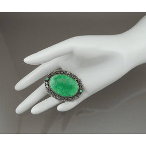Vintage Victorian Revival Faux Jade Brooch Silver Tone or Plated Green Glass Estate Jewelry Large Statement Pin Circa 1930 / 1940