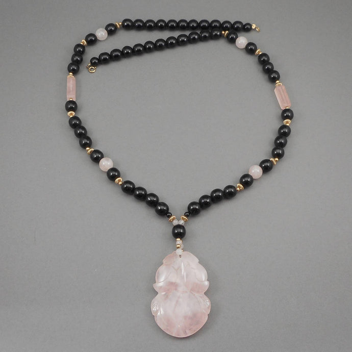 Vintage Carved Rose Quartz Pendant Necklace with Onyx or Black Glass Beads - Fruit and Leaf Design Medallion, Chinese, Asian Style - Pale Pink Stone, 14K Gold Filled and Black Beads