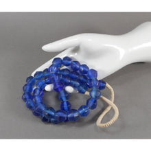 Load image into Gallery viewer, Handmade Matte Cobalt Blue "Sea" Glass Bead Necklace - Tumbled Texture Glass and White Cord - Opera Length, Large Scale, Bold Statement Piece