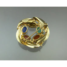 Load image into Gallery viewer, Excellent Vintage 12K Gold Filled Genuine Gemstone Egyptian Revival Brooch - circa 1960 by Burt Cassell - Scarab Pin with Semiprecious Stones - Tiger's Eye, Blue and Green Chalcedony, Rhodolite and Carnelian