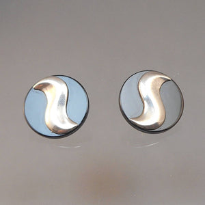 Vintage Modern Post Pierced Earrings - Black Glass Disc with Silver Tone Metal - Button Style 1980s