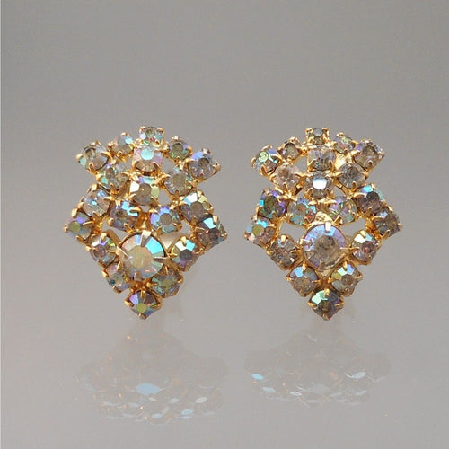 Vintage 1950s Clip On Earrings Aurora Borealis AB Rhinestone Gold Tone Bridal Wedding