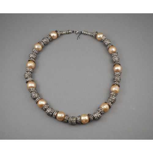 Vintage Handmade Syrian Middle East Necklace Silver Cannetille Faux Pearl Beads