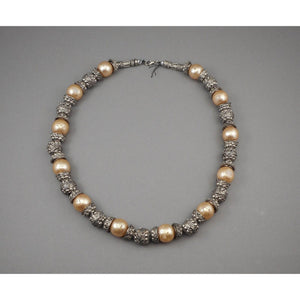 Vintage Handmade Syrian Middle East Necklace Silver Cannetille Faux Pearl Beads