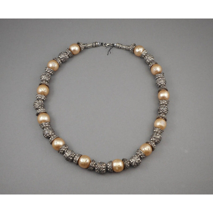 Vintage Handmade Syrian Middle East Necklace Silver Cannetille Faux Pearl Beads