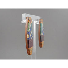 Load image into Gallery viewer, Vintage Wood Artisan Earrings - Inlaid Blue and Green Stone, Silver Metal, Handmade