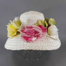 Load image into Gallery viewer, Vintage Frederick&#39;s Ladies White Straw Picture Hat - Easter, Spring, Summer, Kentucky Derby - Pink Yellow Silk and Velvet Flowers, Green Ribbon