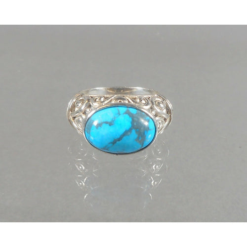 Excellent Vintage Turquoise and Sterling SIlver Unisex Ring - Pierced Band, Bezel Set Gemstone - Southwestern Style Jewelry - Size 7 3/4