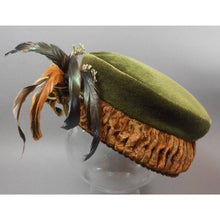Load image into Gallery viewer, Vintage circa 1995 Cheri A. Ellis Duende Handmade Ladies Hat -  Green and Brown Velvet - Flowers, Leaves, Feathers - Made in USA, Seattle Artist