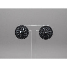 Load image into Gallery viewer, Vintage 1950s Button Style Clip On Earrings Faux Jet Black Plastic Flower Design Victorian Revival Style