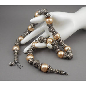 Vintage Handmade Syrian Middle East Necklace Silver Cannetille Faux Pearl Beads