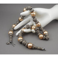 Load image into Gallery viewer, Vintage Handmade Syrian Middle East Necklace Silver Cannetille Faux Pearl Beads