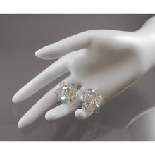 Load image into Gallery viewer, Excellent Vintage 1950s Signed Laguna Iridescent Clear Glass Cluster Clip On Earrings - AB Aurora Borealis Crystal Beads on Silver Filigree - Flower Design